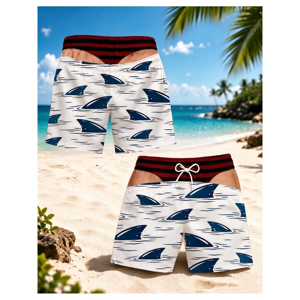 Swim Fins - メンズ シャークフィン柄プリント 水着 速乾性 ドローストリング付き ビーチショーツ