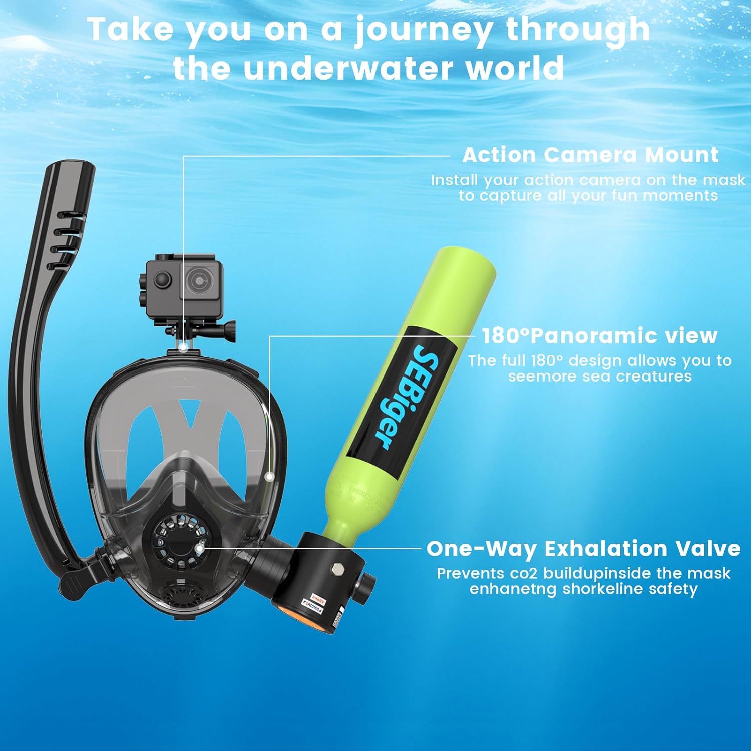 ミニスキューバタンク0.5L、フルフェイスシュノーケルマスク - Snorkel Set のレビューと価格